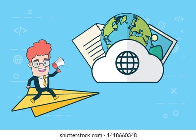 businessman marketing cloud computing world send email vector illustration