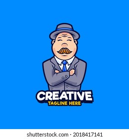 Businessman mascot logo design illustration. Fat men wearing suit and hat vector illustration