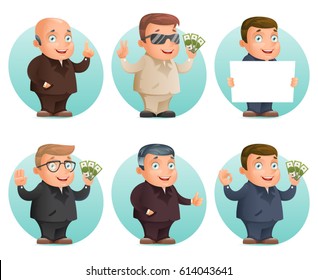 Businessman mascot professional hand gestures money ok thumb up victory pointing finger cartoon design vector illustration