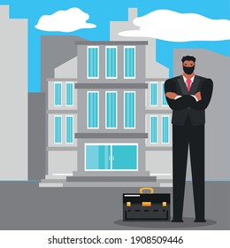 businessman with mask and briefcase successful character vector illustration