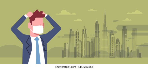 businessman in mask hold head over green background nature air pollution city landscape plant pipe dirty waste water polluted environment atmosphere male portrait banner flat