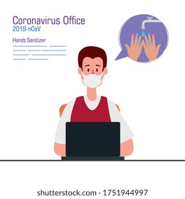 Businessman with mask on desk and hands sanitizer design, Disinfects clean antibacterial and hygiene theme Vector illustration