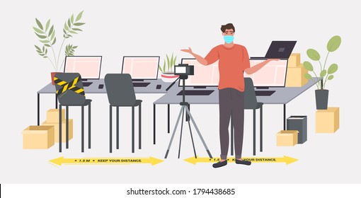 businessman in mask recording video blog social distancing coronavirus epidemic protection self isolation remote work concept office interior horizontal full length vector illustration