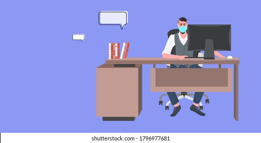 businessman in mask sitting at workplace social distancing coronavirus epidemic protection self isolation remote work concept office interior horizontal full length vector illustration