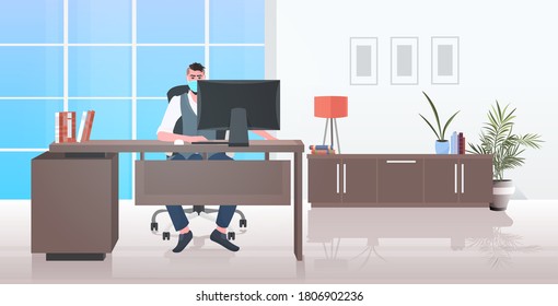 businessman in mask sitting at workplace social distancing coronavirus epidemic protection self isolation remote work concept office interior horizontal full length vector illustration