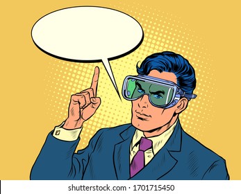 Businessman in a mask that protects his eyes. Pop art retro vector illustration kitsch vintage 50s 60s style