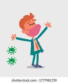 businessman with mask and virus COVID celebrating something with joy