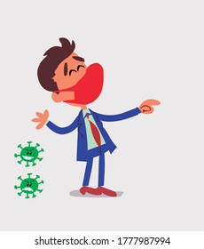 businessman with mask and virus COVID laughing while pointing