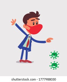 businessman with mask and virus COVID pointing at something outraged