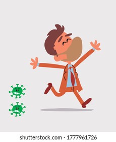 businessman with mask and virus COVID running euphoric