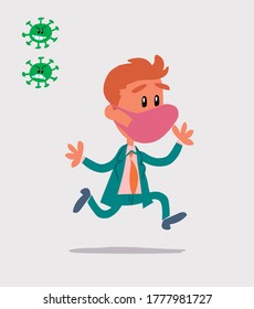 businessman with mask and virus COVID running happily