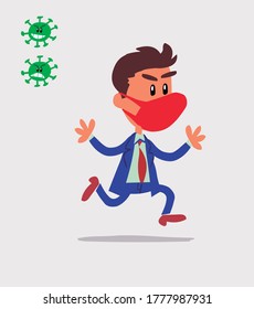 businessman with mask and virus COVID running very pleased