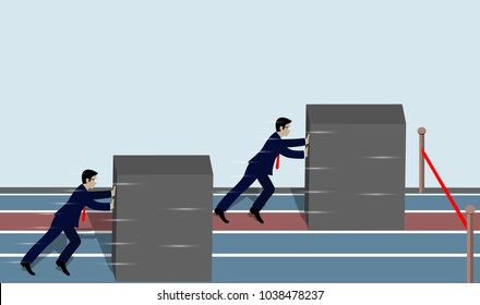 businessman match making effort to move stone wall push for more success. Business Concept. Creative vector illustration. cartoon. eps10