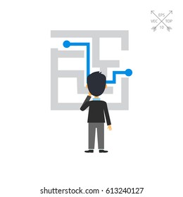 Businessman at maze with solution icon