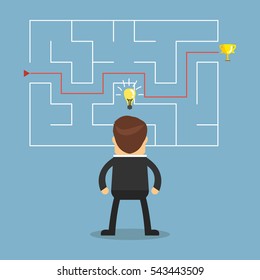 Businessman with a maze and think about solution to success.