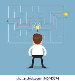 Businessman with a maze and think about solution to success.