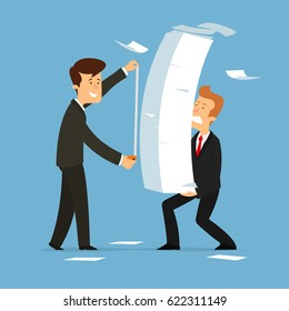 businessman measures the amount of paper work. Paperwork burden stress. Flat style vector illustration.