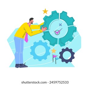 Businessman with mechanisms concept of creating efficient work process, managing team and increasing productivity, flat vector illustration isolated on white background.