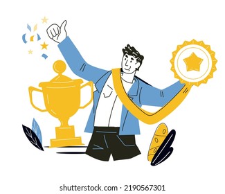 Businessman with medal and trophy cup. Successful winner receives an award and appreciation for his achievements, best employee doodle cartoon vector illustration isolated on white background.