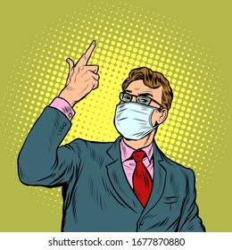 Businessman in a medical mask. The epidemic of coronavirus. Pop art retro vector illustration vintage kitsch 50s 60s style