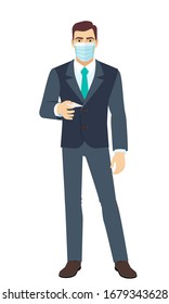 Businessman with medical mask gives a business card. Full length portrait of Businessman in a flat style. Vector illustration.