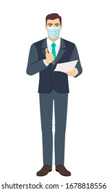 Businessman with medical mask holding a pen and paper, pushing a button of a ballpoint pen and wants to write on paper. Full length portrait of Businessman in a flat style. Vector illustration.