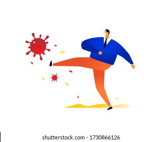 A businessman in a medical mask kicks the coronavirus infection bacteria. Vector. No disease and death. Victory over the Chalera. The pandemic has gone. Business does not give up before COVID-19.