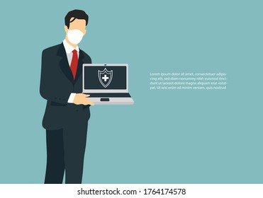 Businessman with medical mask in office suit, tie and holding a laptop on his hands. Presenting, teaching, connecting and testing new technology, investing in finance. safe browsing antivirus