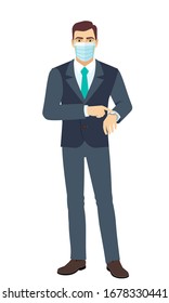 Businessman with medical mask pointing at his watch. Full length portrait of Businessman in a flat style. Vector illustration.