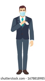 Businessman with medical mask puts the business-card in his pocket. Full length portrait of Businessman in a flat style. Vector illustration.