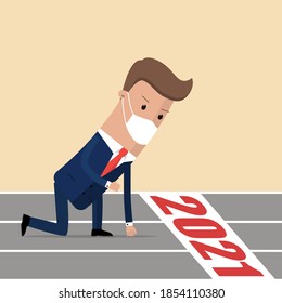 Businessman In Medical Mask In Starting Position And Ready To New Year 2021. Businessman Ready To Sprint To Start Line 2021. Career Start, Business Concept. Vector Illustration