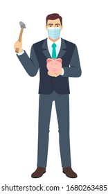 Businessman with medical mask trying to break a piggy bank with a hammer. Full length portrait of Businessman in a flat style. Vector illustration.