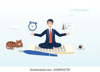 Empresario meditar el reloj o calendario de equilibrio en el papel de tareas completado, autodisciplina o autocontrol para completar el trabajo, lograr el objetivo del negocio, gestión del tiempo para aumentar la productividad (Vector)