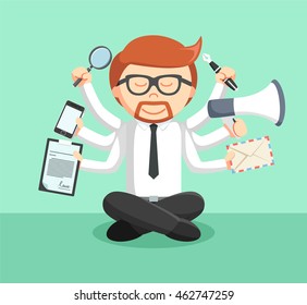 businessman meditate and multitasking