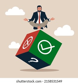 Businessman meditate on rolling dice think of result of right, wrong or question mark. Business decision, chance and uncertainty to win business, risk, randomness or luck, advice or suggestion concept