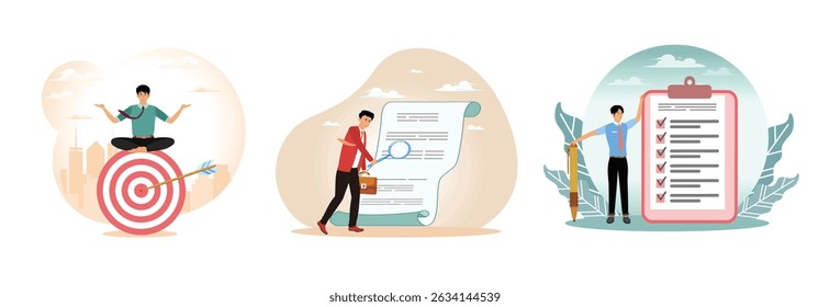 Businessman meditate sitting and focusing on big archery target. Businessman manager holding big magnifying glass checking document paper. A man standing next to a large checklist and holding a pen.