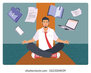 A businessman meditates in a calm position amidst work equipment as a form of relaxation and stress management. Man meditating concept. Flat vector illustration