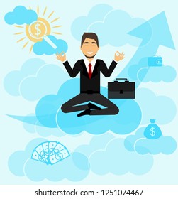 A businessman meditates. He plans his business, dreams of making big money, wants to climb the career ladder. Flat style.