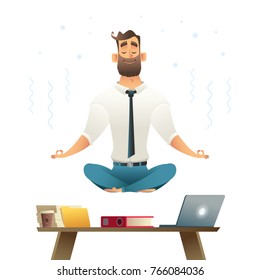 Businessman meditates and hovers over workplace. Concept of meditation. Yoga pose. Cartoon style vector illustration