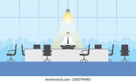 A businessman meditates with a light bulb in a meeting. The business solution, problem-solving, work idea, creativity, creation, inspiration, imagination, thinking, meditation, and visionary concept.