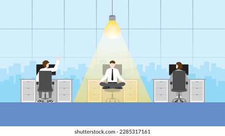 A businessman meditates with a light bulb in workplace. The business solution, problem-solving, work idea, creativity, creation, inspiration, imagination, thinking, meditation, and visionary concept.