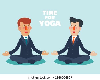 Businessman meditates in lotus position. Business people practicing yoga