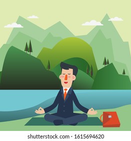Businessman meditates in lotus position. Business people practicing yoga. Mountain landscape background