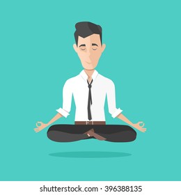 Businessman Meditates In Lotus Position. Harmony, Relax, Spiritual Energy.  Vector Illustration In Cartoon Style. Flat Illustration. 