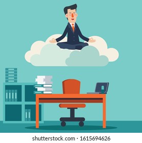 Businessman meditates in lotus position on clouds. Business people practicing yoga in office