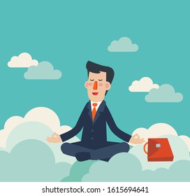 Businessman meditates in lotus position on clouds. Business people practicing yoga