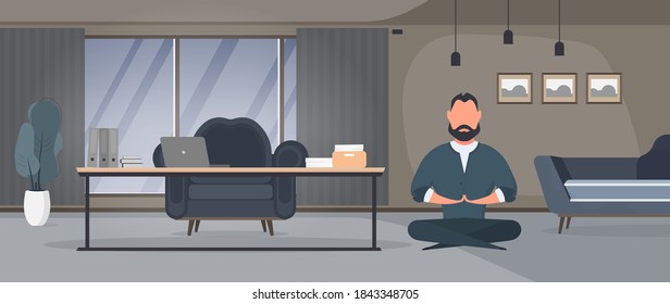 Businessman meditates in the office. a man doing yoga. Relaxation, meditation, yoga and rest from work concept. Vector.