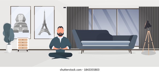 Businessman meditates in the office. a man doing yoga. Relaxation, meditation, yoga and rest from work concept. Vector.
