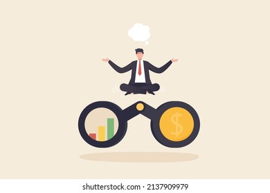 A businessman meditates on anticipating his investment future or his financial future. businessman looking through a telescope searching for financial opportunity.