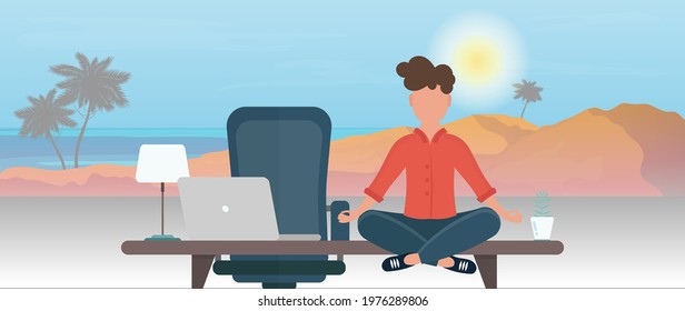 Businessman meditates on the office desk against the background of the beach. Good for relaxation, yoga and upcoming vacations. Vector.